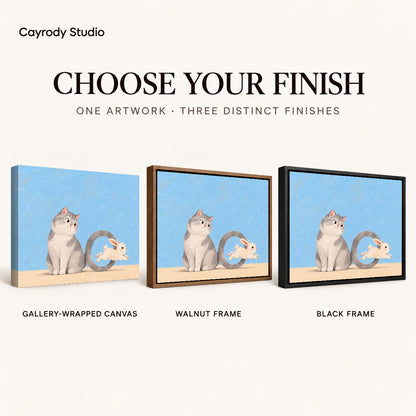 playful tail hoop canvas art compared across gallery-wrapped canvas, walnut frame, and black frame finishes.