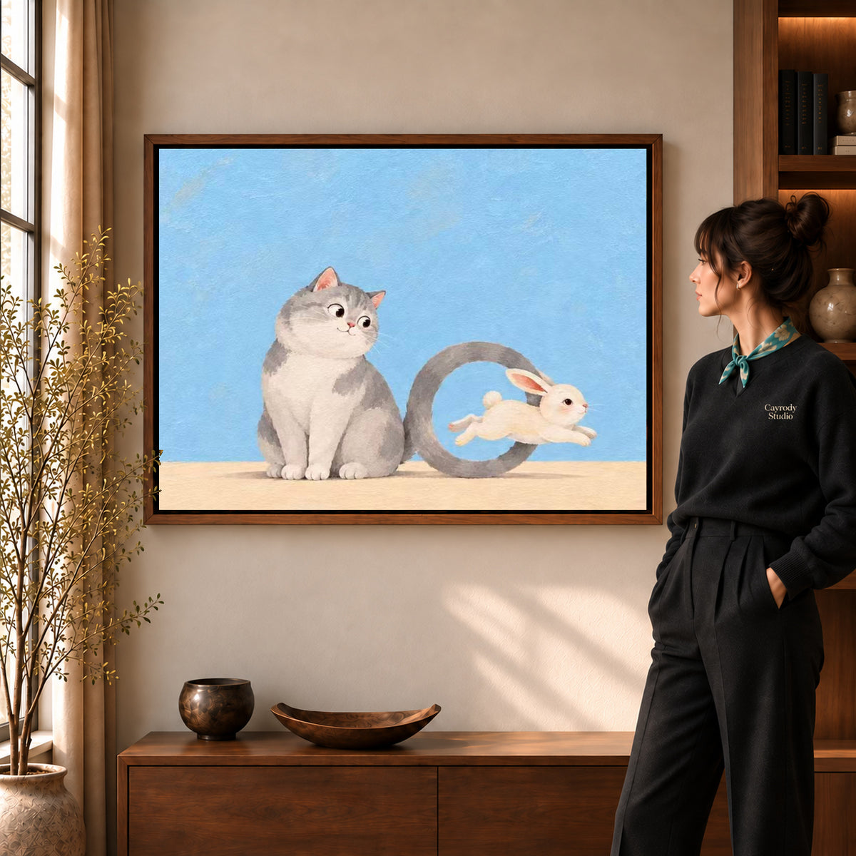 playful tail hoop canvas art shown in the walnut frame option within a warm living room.