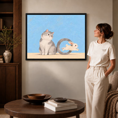 playful tail hoop canvas art shown in the black frame option against a softly lit wall.
