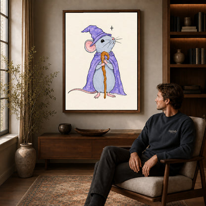 whimsical wizard mouse canvas art in a walnut frame above a console beside a seated man.