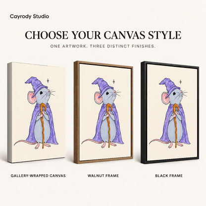 whimsical wizard mouse canvas art compared across gallery-wrapped canvas, walnut frame, and black frame finishes.