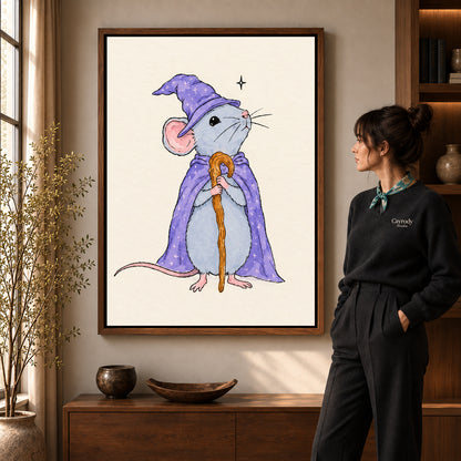 whimsical wizard mouse canvas art shown in the walnut frame option within a warm living room.