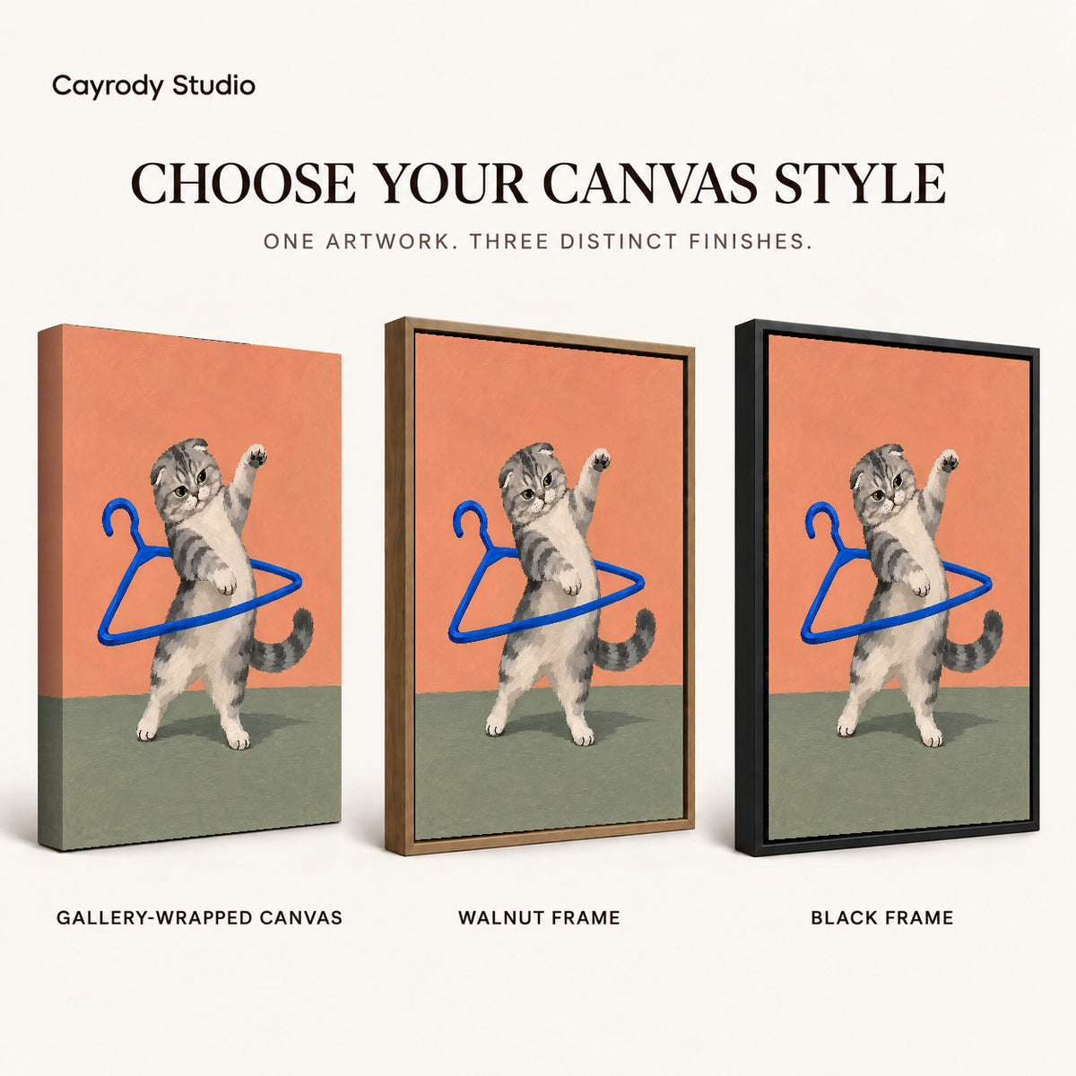 playful hanger kitten canvas art compared across gallery-wrapped canvas, walnut frame, and black frame finishes.