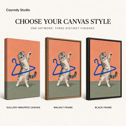 playful hanger kitten canvas art compared across gallery-wrapped canvas, walnut frame, and black frame finishes.