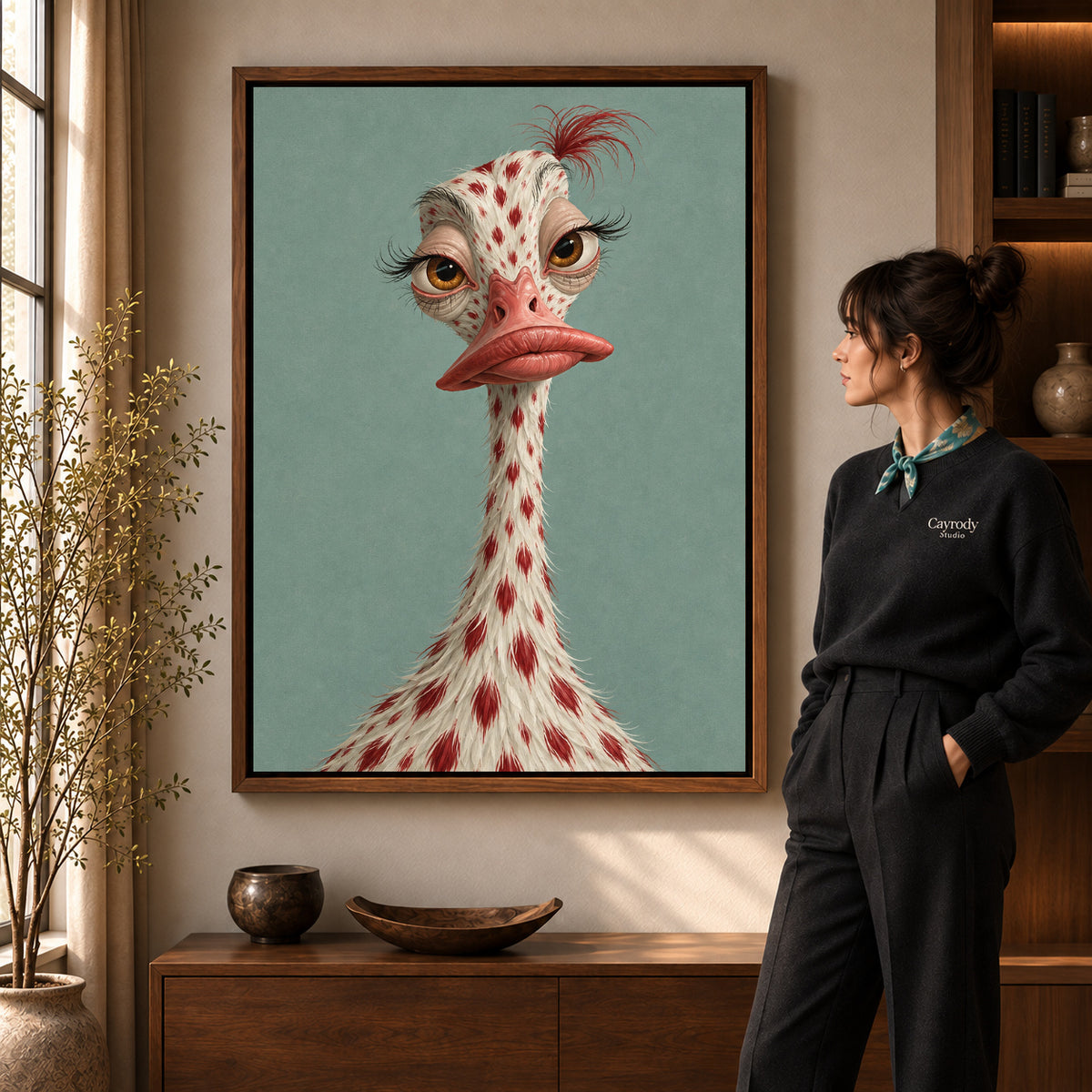 whimsical ostrich portrait canvas art in a walnut frame beside a standing woman and wooden console.