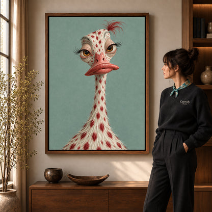 whimsical ostrich portrait canvas art in a walnut frame beside a standing woman and wooden console.