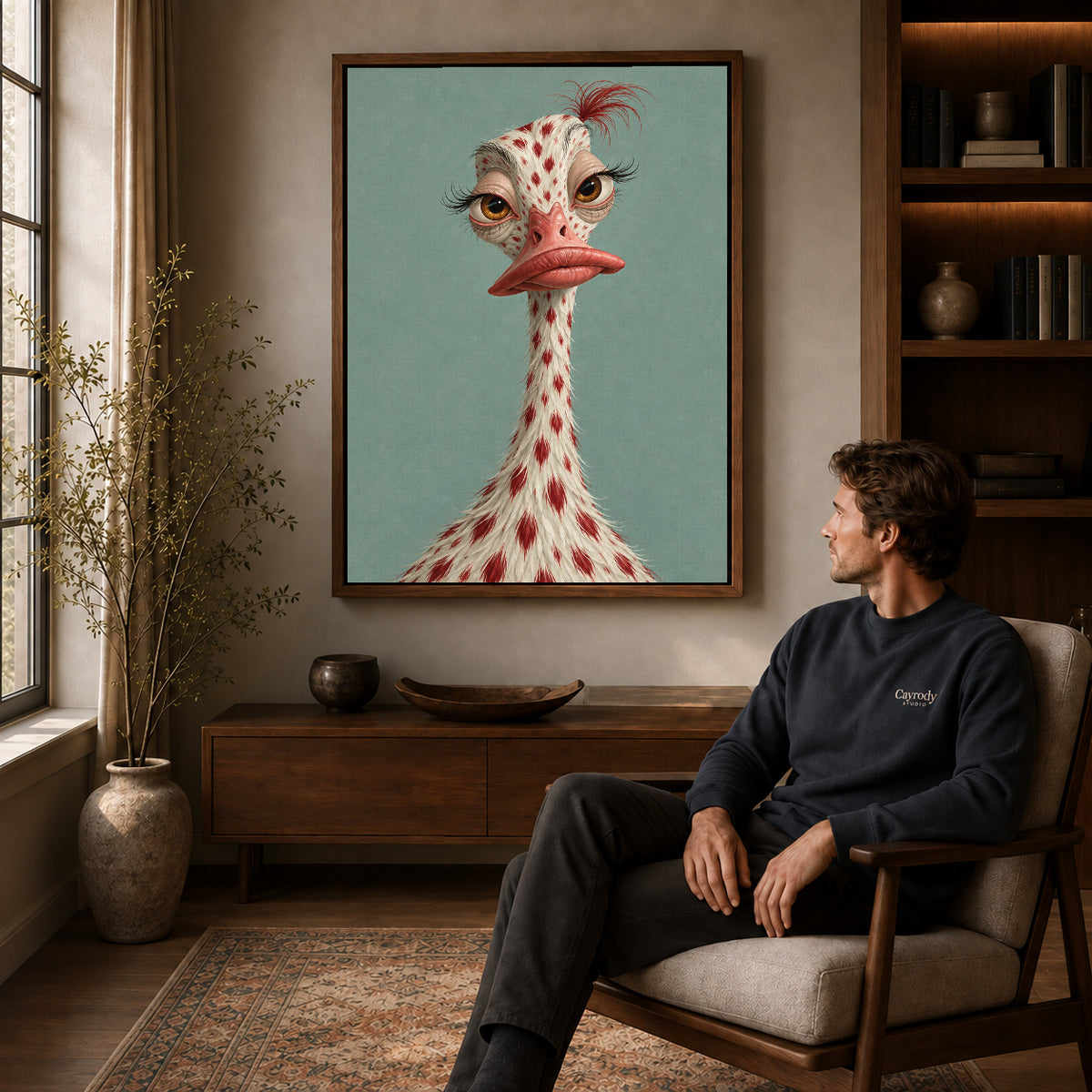 whimsical ostrich portrait canvas art in a walnut frame above a console beside a seated man.