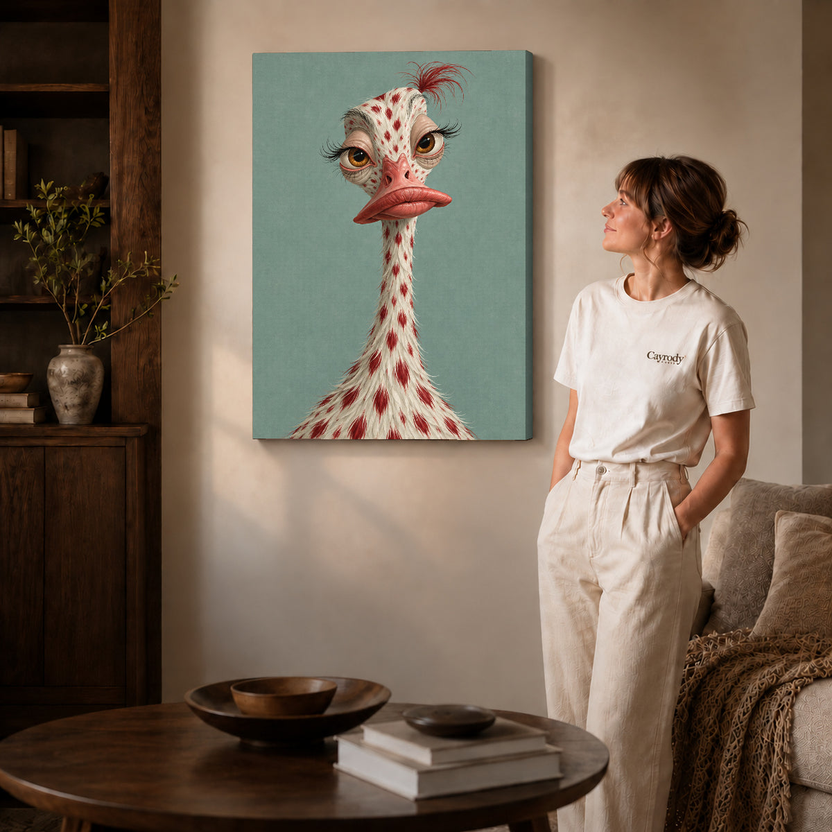 whimsical ostrich portrait canvas art on gallery-wrapped canvas with natural edge shading beside a standing woman.