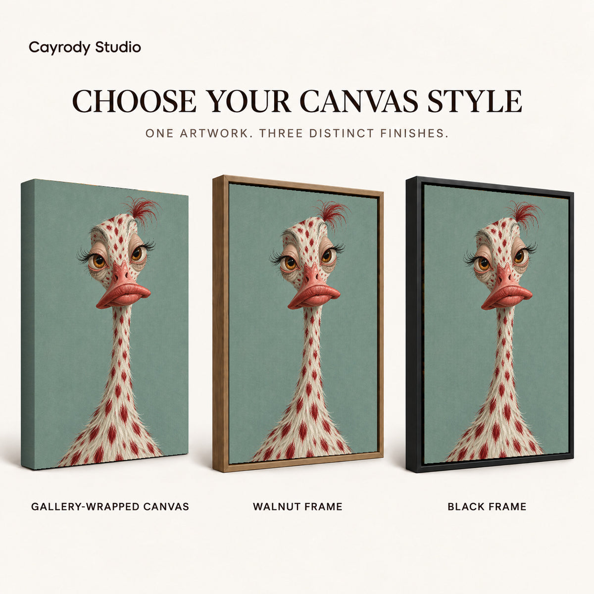whimsical ostrich portrait canvas art compared across gallery-wrapped canvas, walnut frame, and black frame finishes.