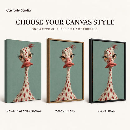 whimsical ostrich portrait canvas art compared across gallery-wrapped canvas, walnut frame, and black frame finishes.