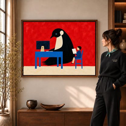 playful office penguin canvas art in a walnut frame beside a standing woman and wooden console.