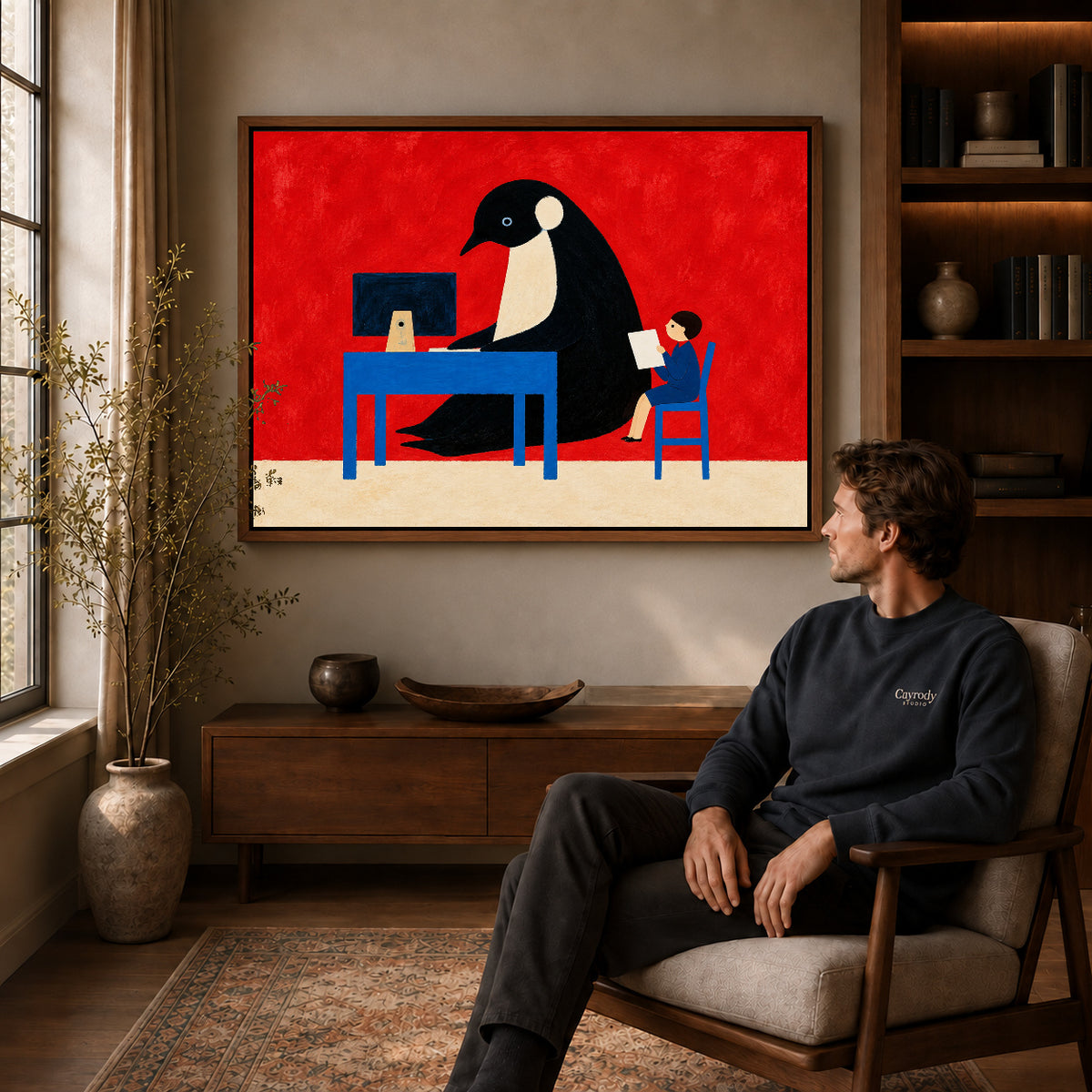 playful office penguin canvas art in a walnut frame above a console beside a seated man.