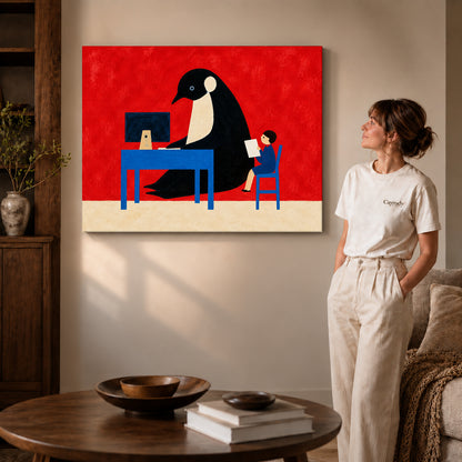 playful office penguin canvas art on gallery-wrapped canvas with visible edge depth beside a standing woman.