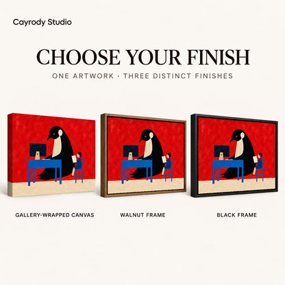playful office penguin canvas art compared across gallery-wrapped canvas, walnut frame, and black frame finishes.