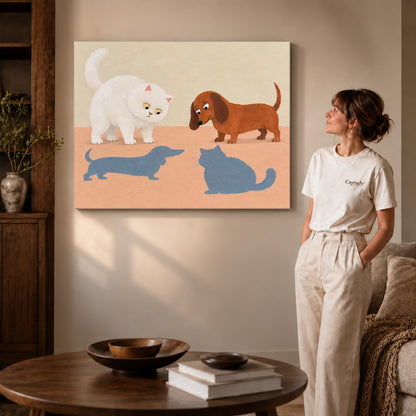 playful swapped shadows canvas art on gallery-wrapped canvas with visible edge depth beside a standing woman.