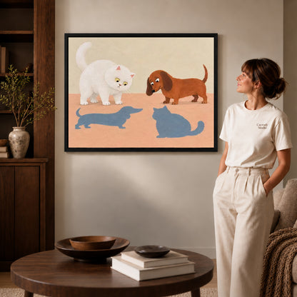 playful swapped shadows canvas art in a black frame beside a woman and round wooden table.
