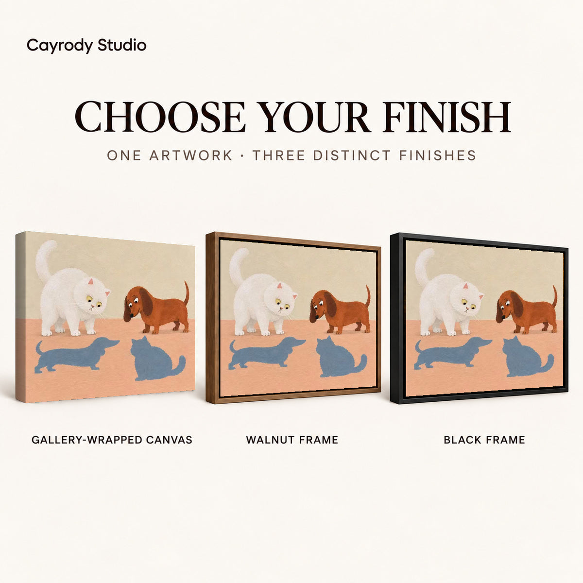 playful swapped shadows canvas art compared across gallery-wrapped canvas, walnut frame, and black frame finishes.