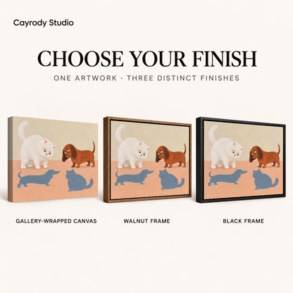 playful swapped shadows canvas art compared across gallery-wrapped canvas, walnut frame, and black frame finishes.