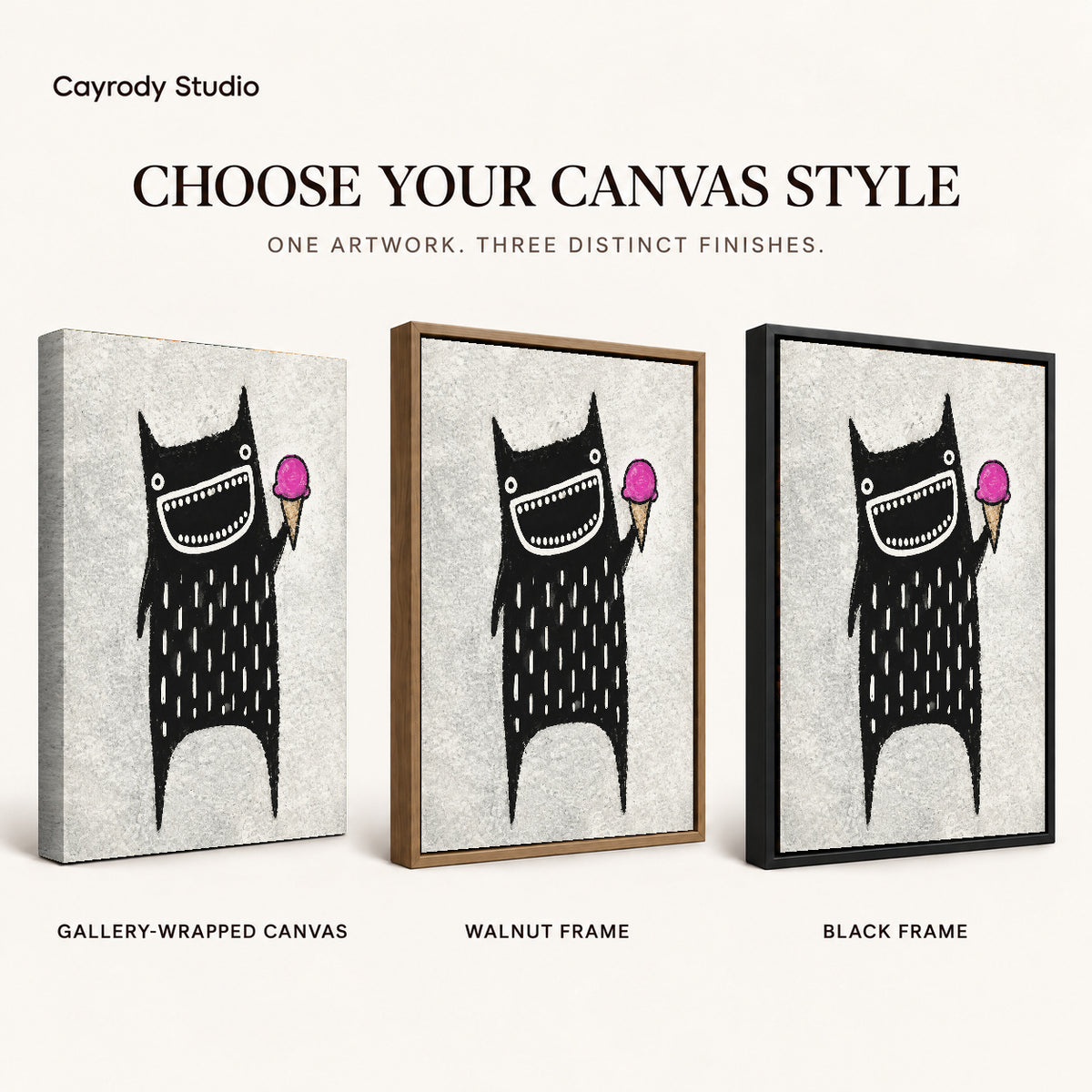 folk ice cream monster canvas art compared across gallery-wrapped canvas, walnut frame, and black frame finishes.