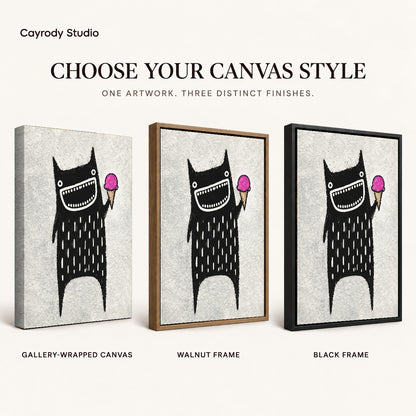 folk ice cream monster canvas art compared across gallery-wrapped canvas, walnut frame, and black frame finishes.