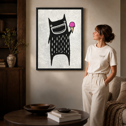 folk ice cream monster canvas art shown in the black frame option against a softly lit wall.