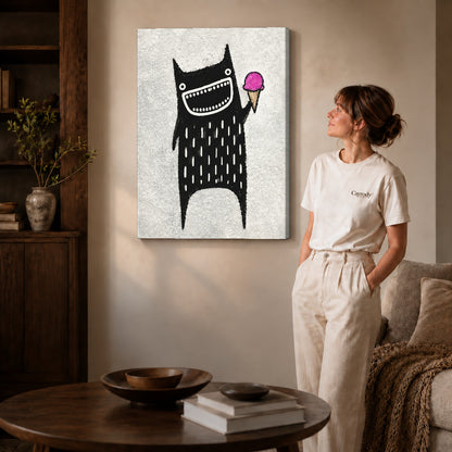 folk ice cream monster canvas art shown in the gallery-wrapped option with visible depth and warm surroundings.