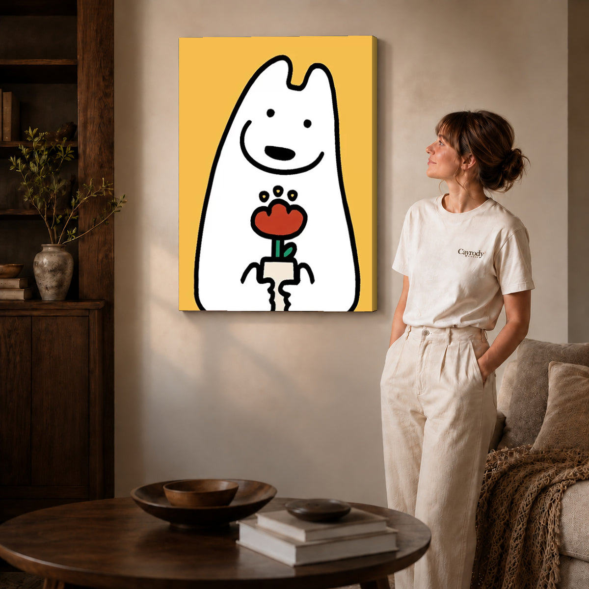 cheerful flower friend canvas art on gallery-wrapped canvas with natural edge shading beside a standing woman.