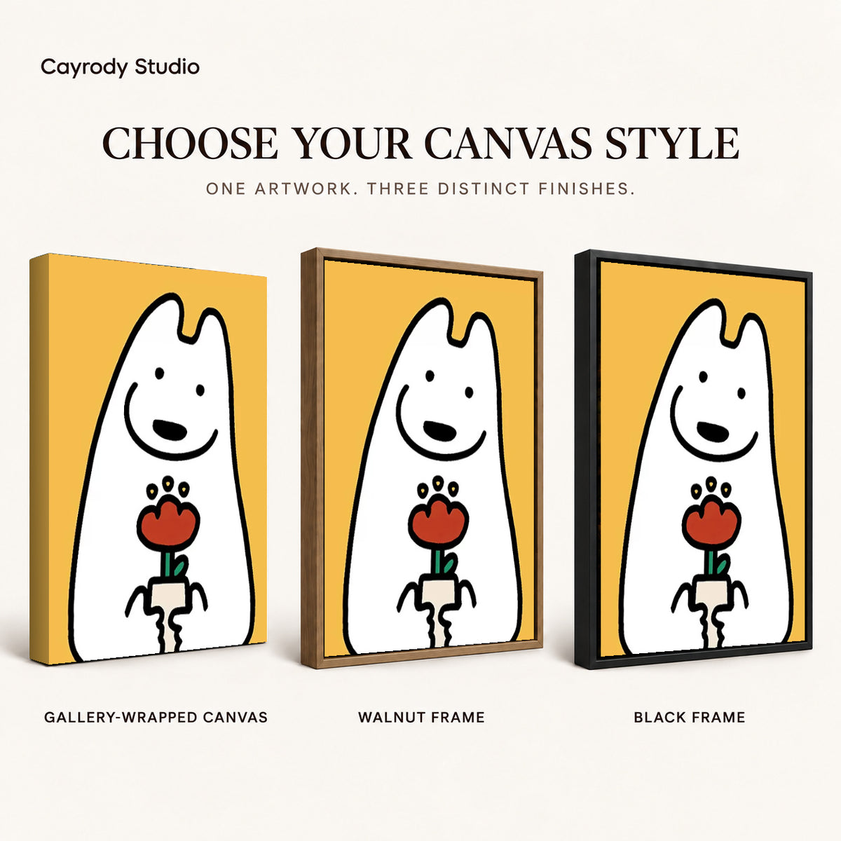 cheerful flower friend canvas art compared across gallery-wrapped canvas, walnut frame, and black frame finishes.