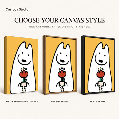 cheerful flower friend canvas art compared across gallery-wrapped canvas, walnut frame, and black frame finishes.