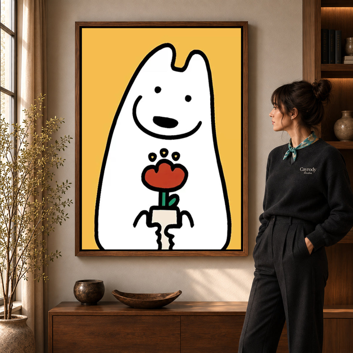 cheerful flower friend canvas art shown in the walnut frame option within a warm living room.