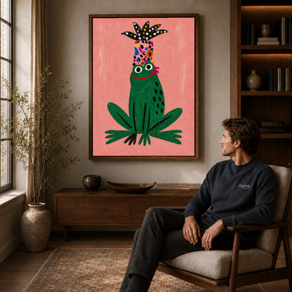 folk botanical frog canvas art in a walnut frame above a console beside a seated man.