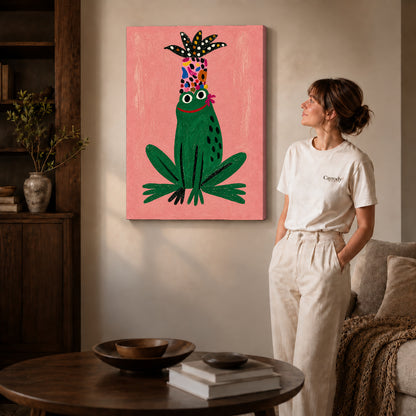 folk botanical frog canvas art on gallery-wrapped canvas with natural edge shading beside a standing woman.