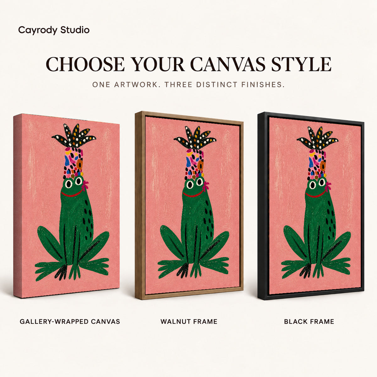 folk botanical frog canvas art compared across gallery-wrapped canvas, walnut frame, and black frame finishes.