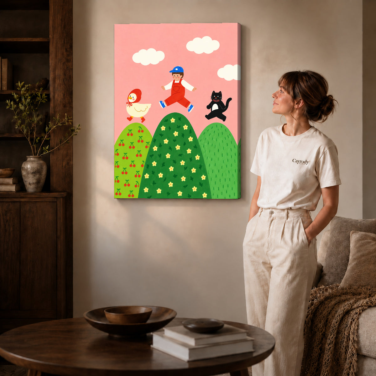 playful hilltop friends canvas art on gallery-wrapped canvas with natural edge shading beside a standing woman.