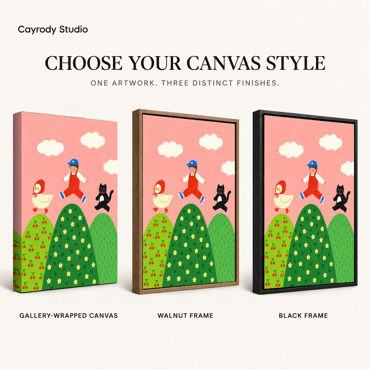 playful hilltop friends canvas art compared across gallery-wrapped canvas, walnut frame, and black frame finishes.