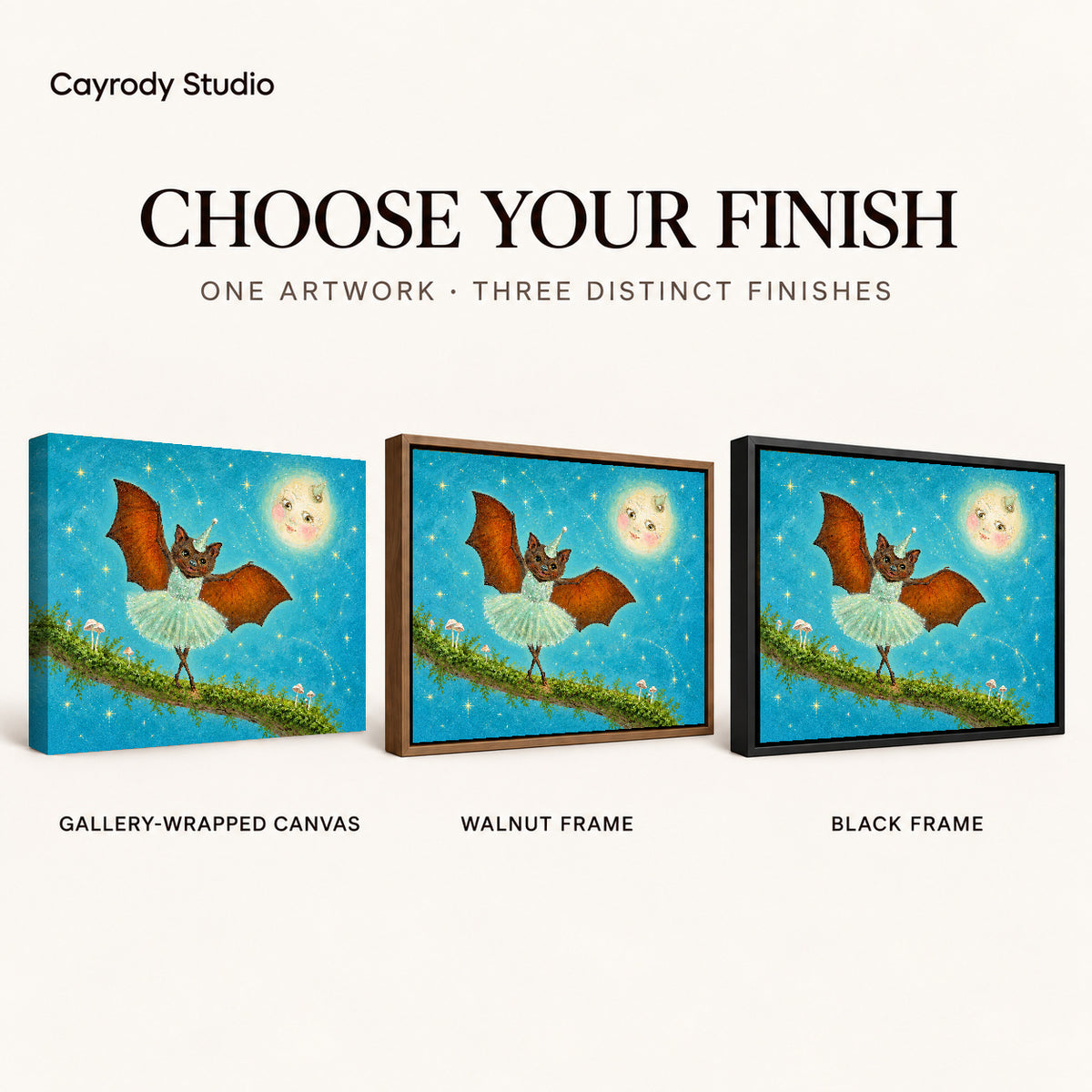 fantasy ballet bat canvas art compared across gallery-wrapped canvas, walnut frame, and black frame finishes.