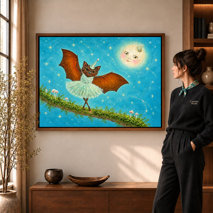 fantasy ballet bat canvas art shown in the walnut frame option within a warm living room.
