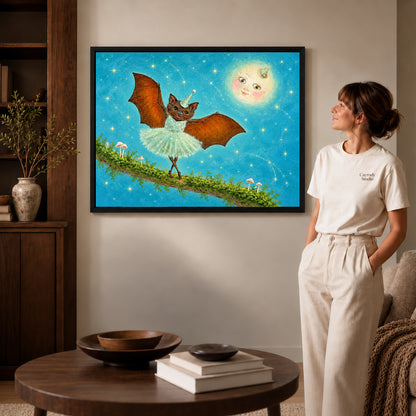 fantasy ballet bat canvas art shown in the black frame option against a softly lit wall.