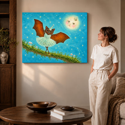fantasy ballet bat canvas art shown in the gallery-wrapped option with natural side shading and warm surroundings.