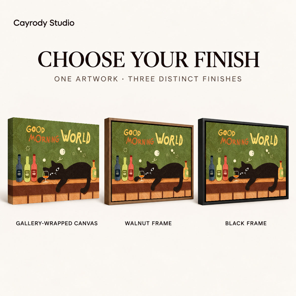 playful morning bar cat canvas art compared across gallery-wrapped canvas, walnut frame, and black frame finishes.