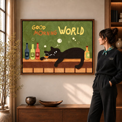 playful morning bar cat canvas art shown in the walnut frame option within a warm living room.