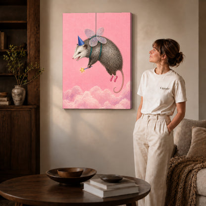 whimsical fairy opossum canvas art on gallery-wrapped canvas with natural edge shading beside a standing woman.