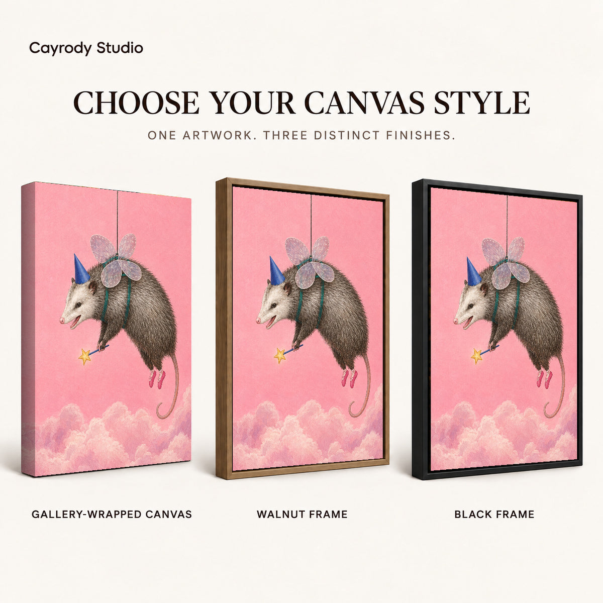 whimsical fairy opossum canvas art compared across gallery-wrapped canvas, walnut frame, and black frame finishes.