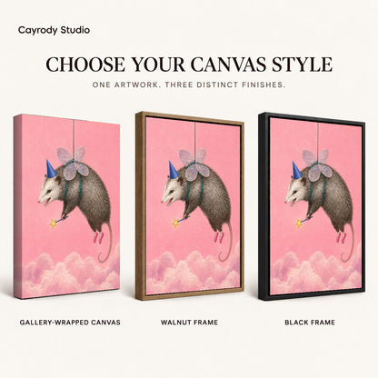 whimsical fairy opossum canvas art compared across gallery-wrapped canvas, walnut frame, and black frame finishes.