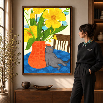 expressive floral cat canvas art in a walnut frame beside a standing woman and wooden console.