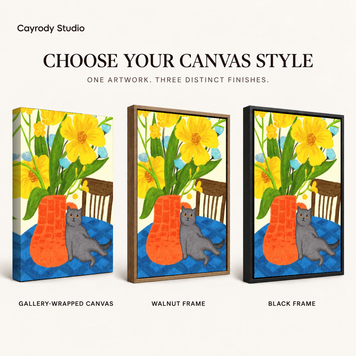 expressive floral cat canvas art compared across gallery-wrapped canvas, walnut frame, and black frame finishes.