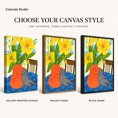 expressive floral cat canvas art compared across gallery-wrapped canvas, walnut frame, and black frame finishes.