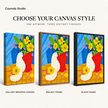 painterly white cat canvas art compared across gallery-wrapped canvas, walnut frame, and black frame finishes.