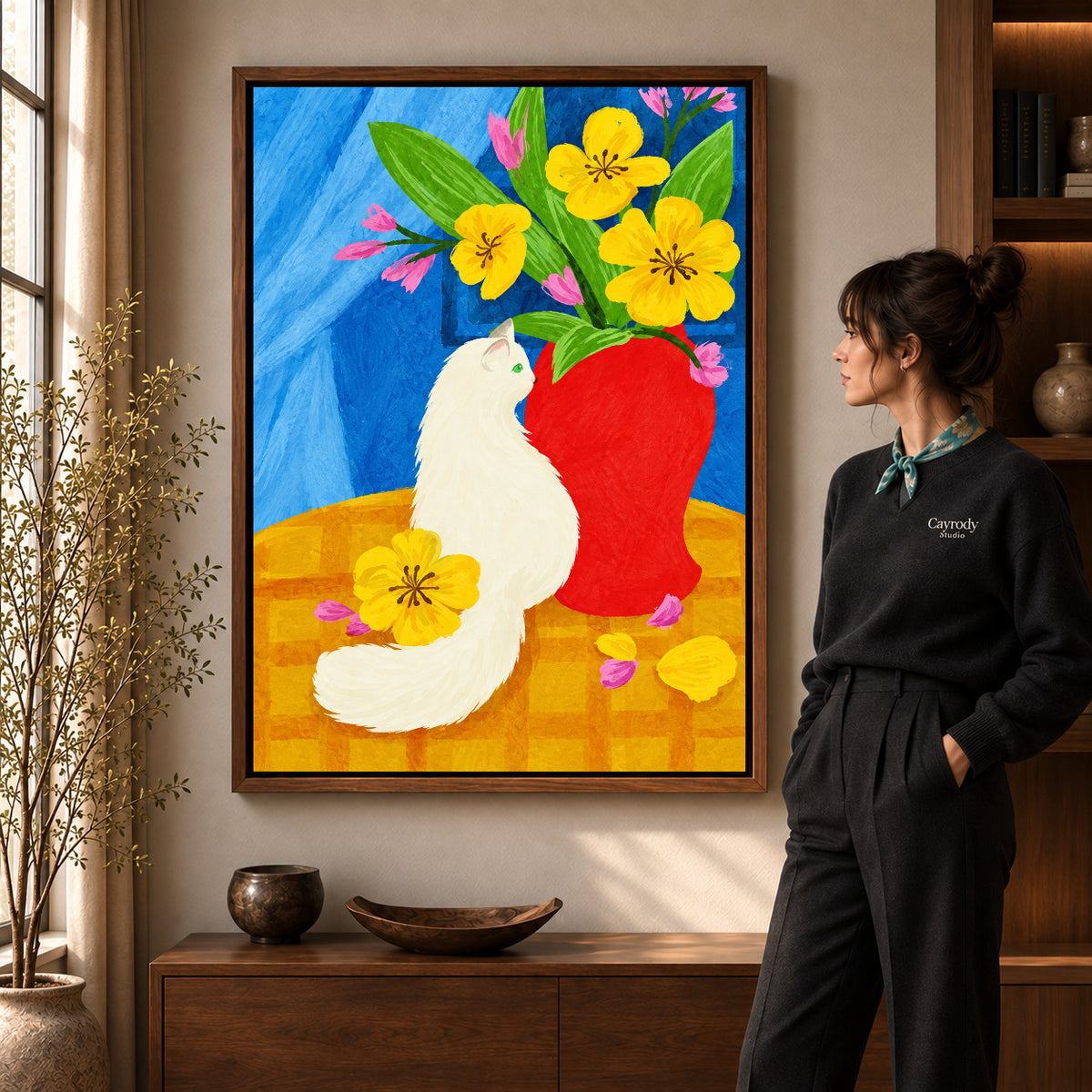 painterly white cat canvas art shown in the walnut frame option within a warm living room.