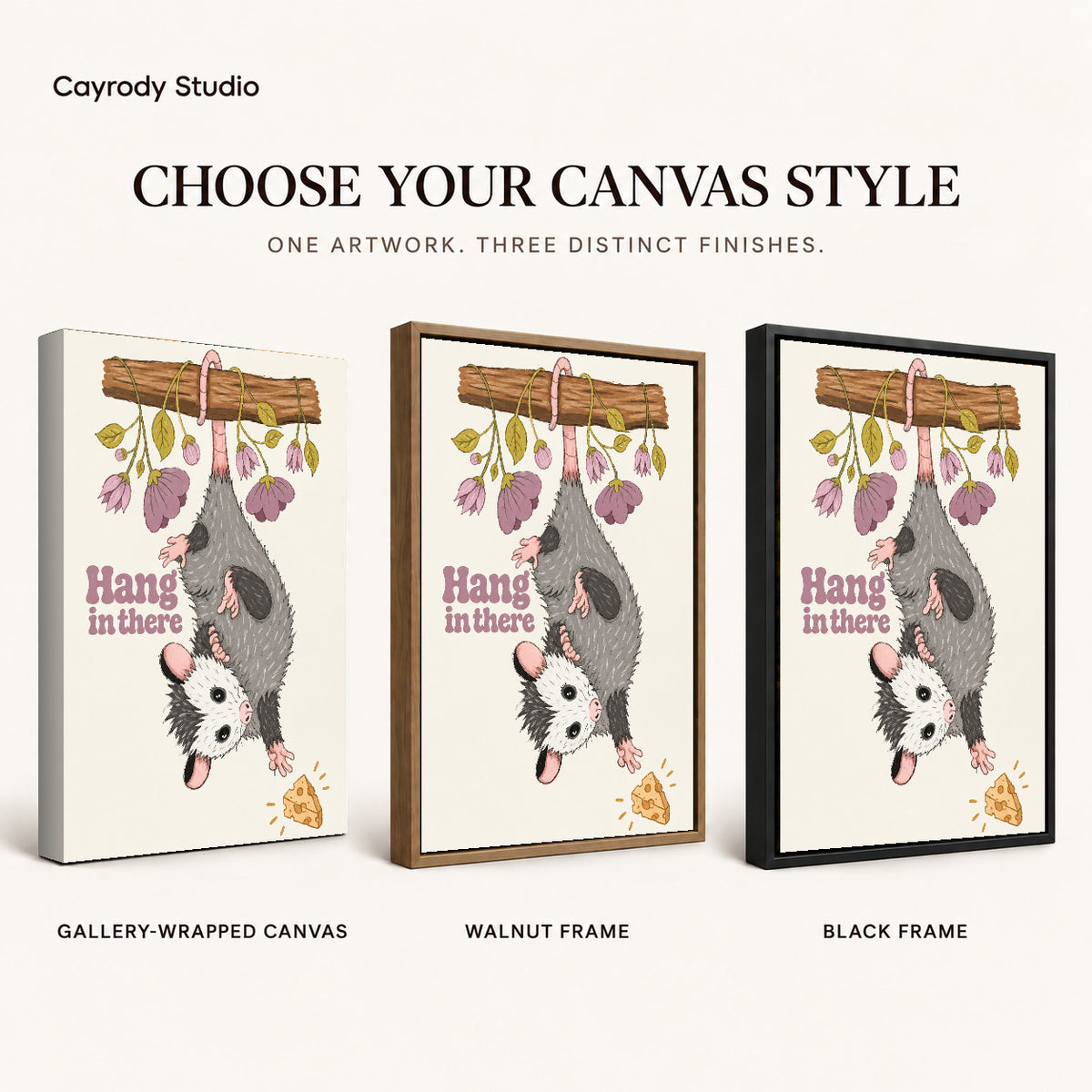 whimsical hanging opossum canvas art compared across gallery-wrapped canvas, walnut frame, and black frame finishes.